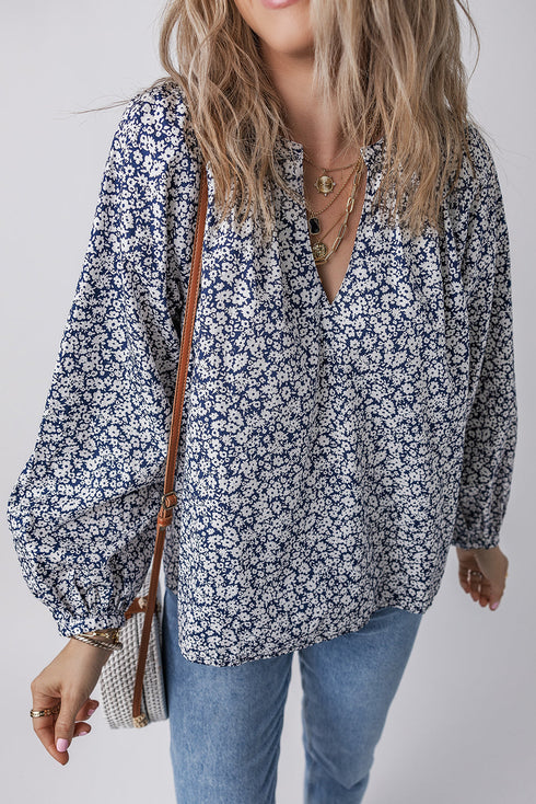 Floral Print Notched Neck Puff Sleeve Cotton Blouse