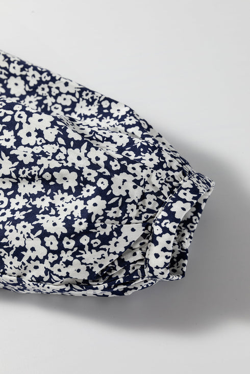 Floral Print Notched Neck Puff Sleeve Cotton Blouse