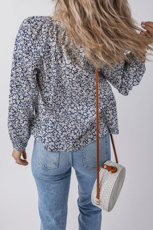 Floral Print Notched Neck Puff Sleeve Cotton Blouse