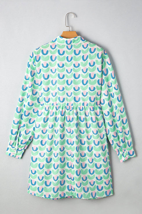 Floral Print Notched Neck Scalloped Trim Long Sleeve Mini Dress
