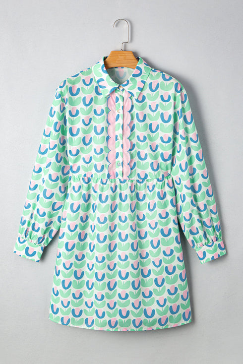 Floral Print Notched Neck Scalloped Trim Long Sleeve Mini Dress