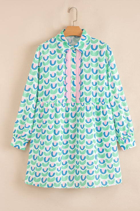 Floral Print Notched Neck Scalloped Trim Long Sleeve Mini Dress
