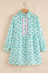 Floral Print Notched Neck Scalloped Trim Long Sleeve Mini Dress