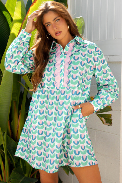 Floral Print Notched Neck Scalloped Trim Long Sleeve Mini Dress