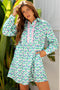 Floral Print Notched Neck Scalloped Trim Long Sleeve Mini Dress