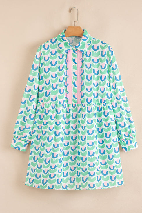 Floral Print Notched Neck Scalloped Trim Long Sleeve Mini Dress