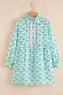 Floral Print Notched Neck Scalloped Trim Long Sleeve Mini Dress