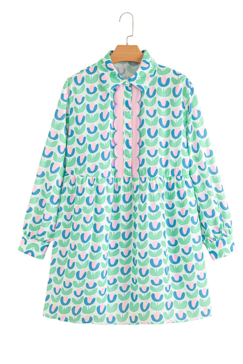 Floral Print Notched Neck Scalloped Trim Long Sleeve Mini Dress
