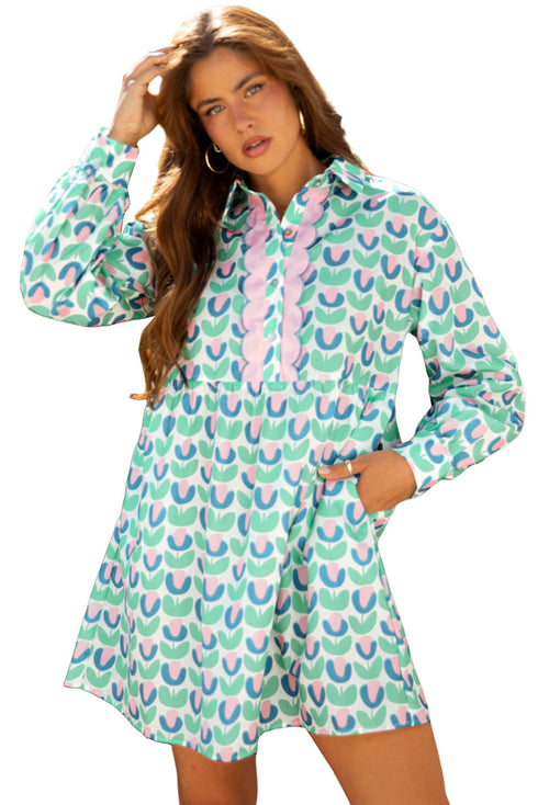 Floral Print Notched Neck Scalloped Trim Long Sleeve Mini Dress
