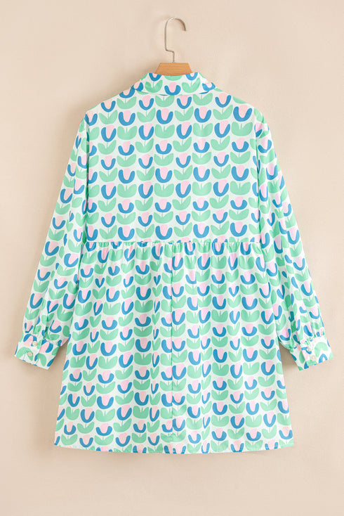 Floral Print Notched Neck Scalloped Trim Long Sleeve Mini Dress