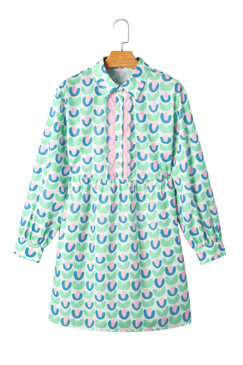 Floral Print Notched Neck Scalloped Trim Long Sleeve Mini Dress