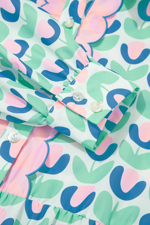 Floral Print Notched Neck Scalloped Trim Long Sleeve Mini Dress