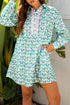 Floral Print Notched Neck Scalloped Trim Long Sleeve Mini Dress