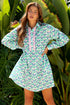 Floral Print Notched Neck Scalloped Trim Long Sleeve Mini Dress