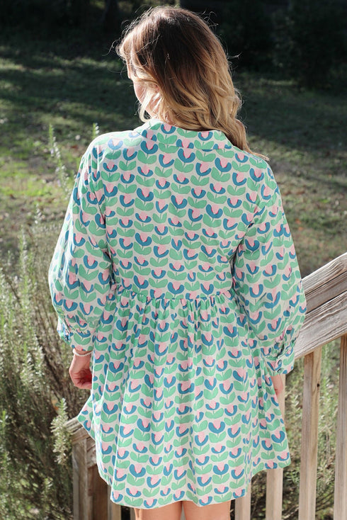 Floral Print Notched Neck Scalloped Trim Long Sleeve Mini Dress