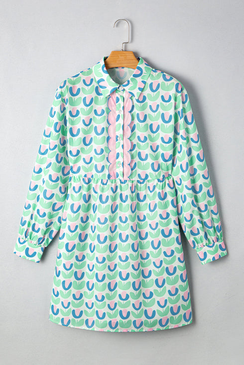 Floral Print Notched Neck Scalloped Trim Long Sleeve Mini Dress