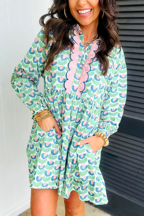 Floral Print Notched Neck Scalloped Trim Long Sleeve Mini Dress