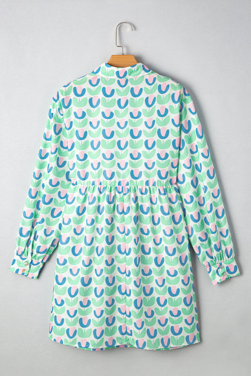 Floral Print Notched Neck Scalloped Trim Long Sleeve Mini Dress