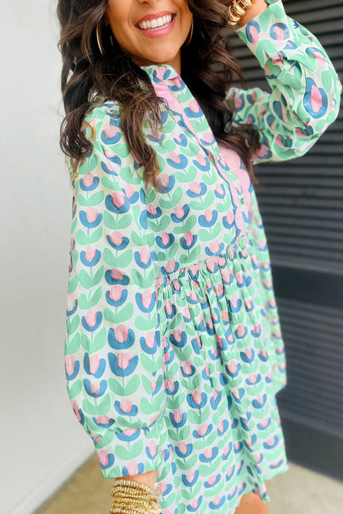 Floral Print Notched Neck Scalloped Trim Long Sleeve Mini Dress