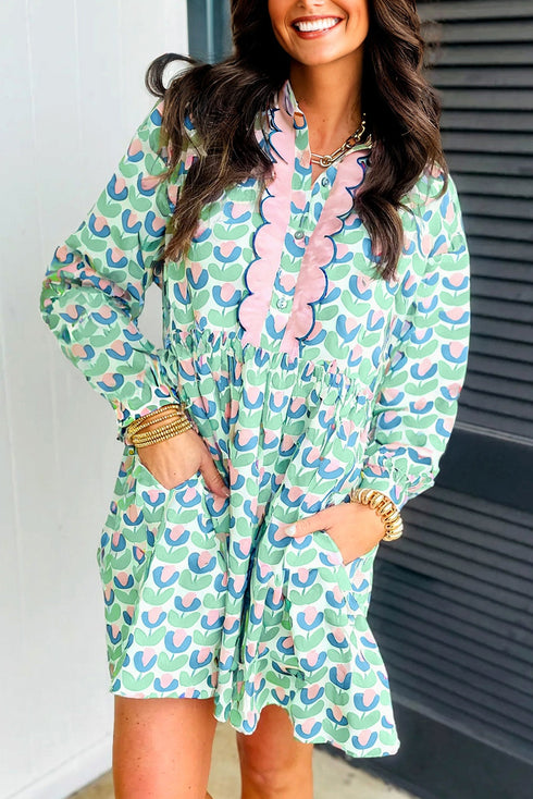 Floral Print Notched Neck Scalloped Trim Long Sleeve Mini Dress