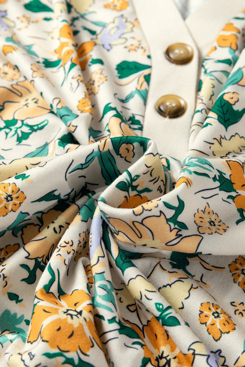 Floral Print Notched Neckline Button Detail Top