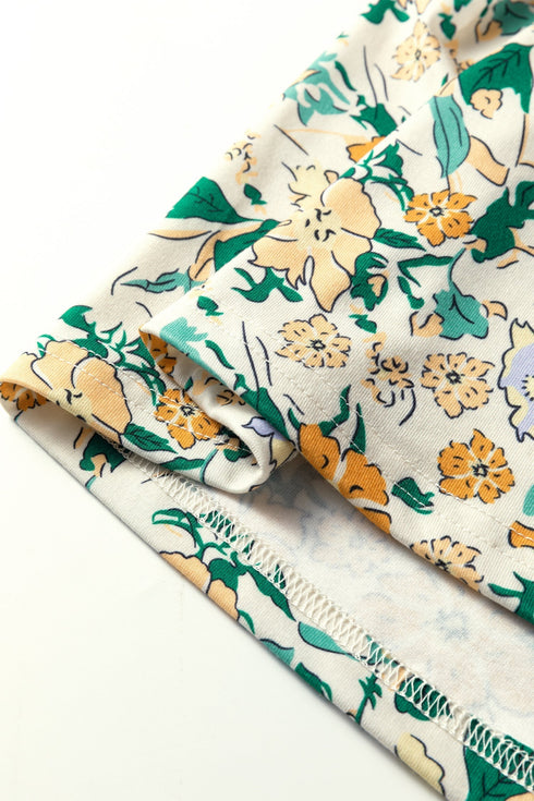 Floral Print Notched Neckline Button Detail Top
