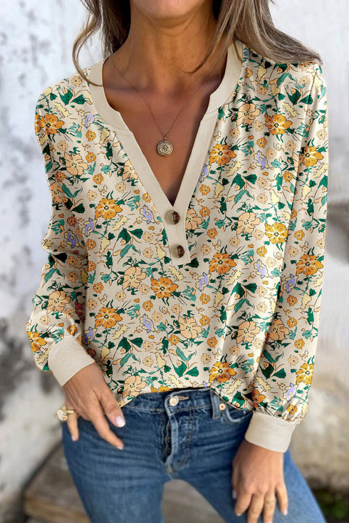 Floral Print Notched Neckline Button Detail Top