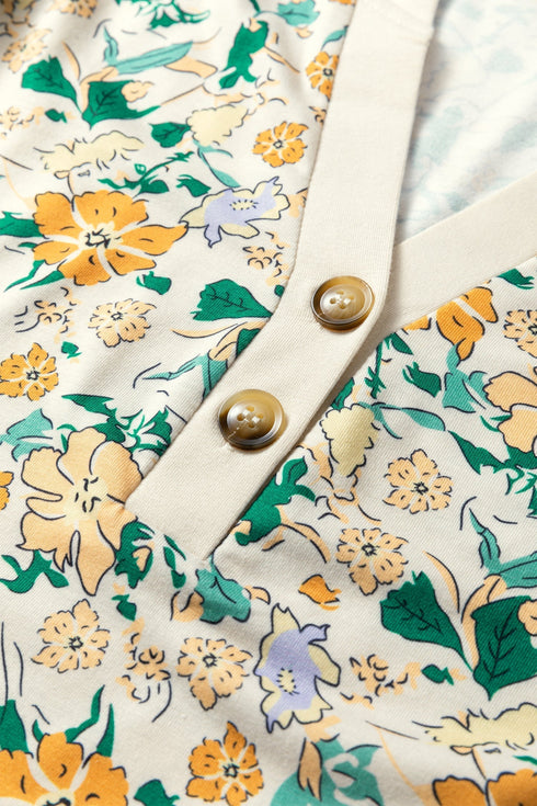 Floral Print Notched Neckline Button Detail Top