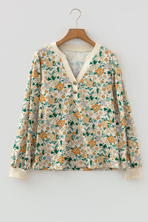 Floral Print Notched Neckline Button Detail Top