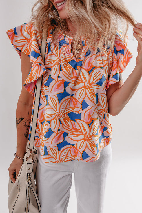 Floral Print Notched V Neck Ruffle Sleeve Woven Blouse