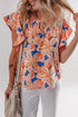 Floral Print Notched V Neck Ruffle Sleeve Woven Blouse
