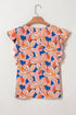 Floral Print Notched V Neck Ruffle Sleeve Woven Blouse