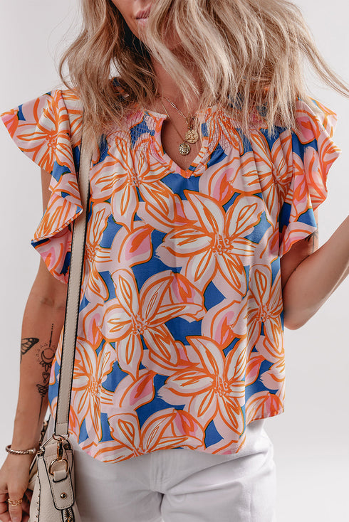 Floral Print Notched V Neck Ruffle Sleeve Woven Blouse