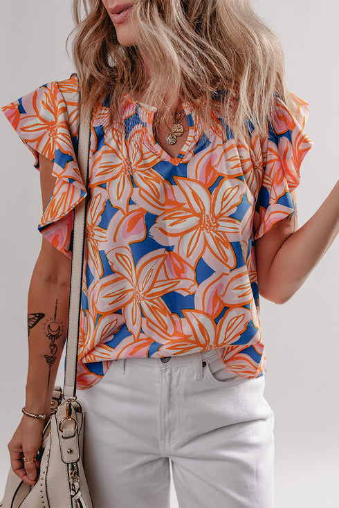 Floral Print Notched V Neck Ruffle Sleeve Woven Blouse
