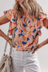 Floral Print Notched V Neck Ruffle Sleeve Woven Blouse