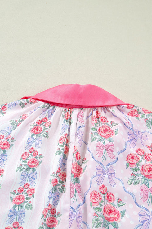 Floral Print Patchwork Collared Ruffled Half Sleeve Shirt