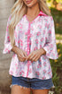 Floral Print Patchwork Collared Ruffled Half Sleeve Shirt