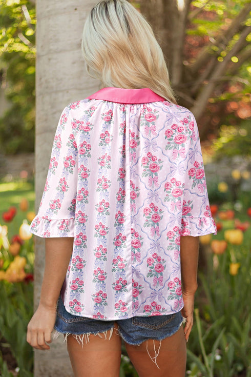 Floral Print Patchwork Collared Ruffled Half Sleeve Shirt