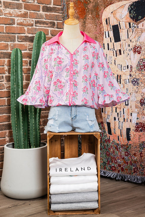 Floral Print Patchwork Collared Ruffled Half Sleeve Shirt