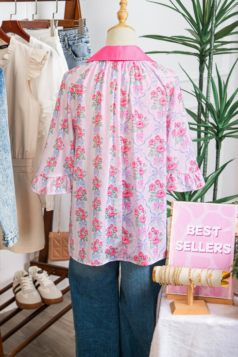 Floral Print Patchwork Collared Ruffled Half Sleeve Shirt