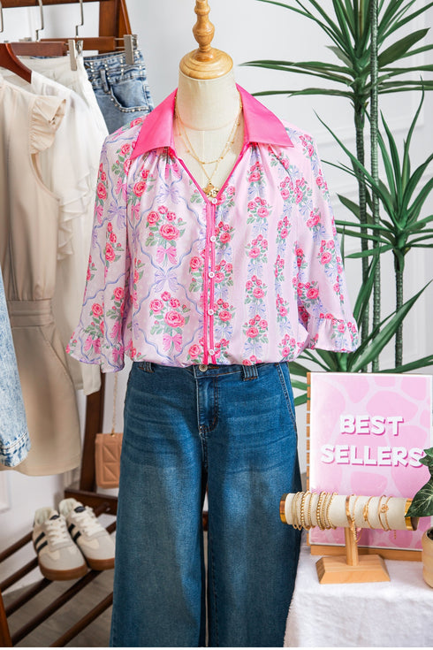Floral Print Patchwork Collared Ruffled Half Sleeve Shirt