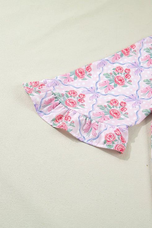 Floral Print Patchwork Collared Ruffled Half Sleeve Shirt