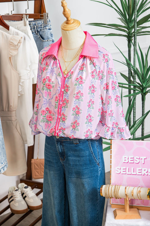 Floral Print Patchwork Collared Ruffled Half Sleeve Shirt