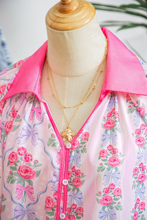 Floral Print Patchwork Collared Ruffled Half Sleeve Shirt