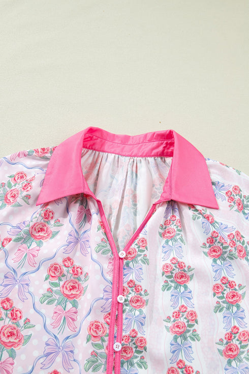 Floral Print Patchwork Collared Ruffled Half Sleeve Shirt
