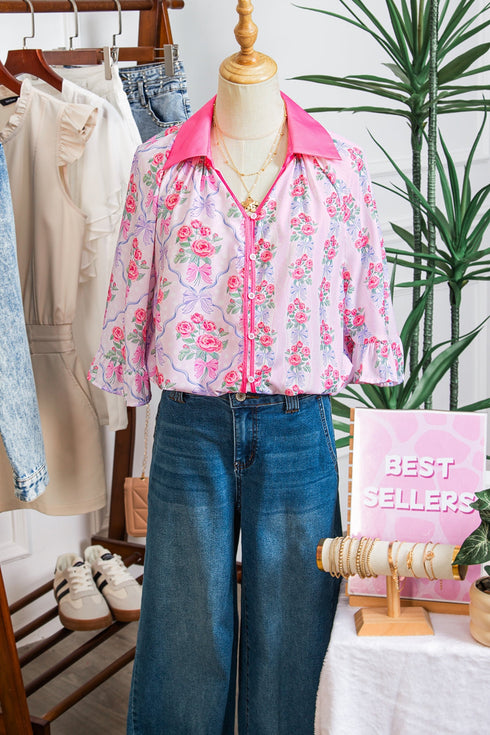 Floral Print Patchwork Collared Ruffled Half Sleeve Shirt