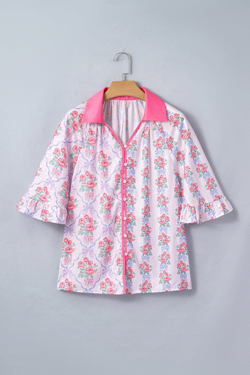 Floral Print Patchwork Collared Ruffled Half Sleeve Shirt
