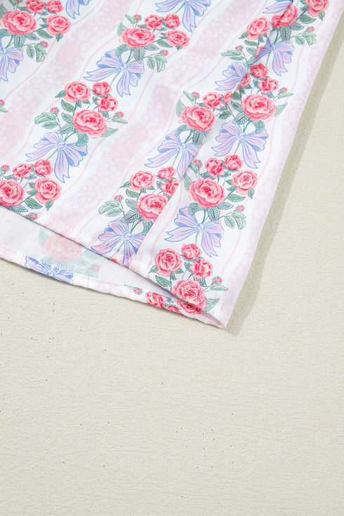 Floral Print Patchwork Collared Ruffled Half Sleeve Shirt