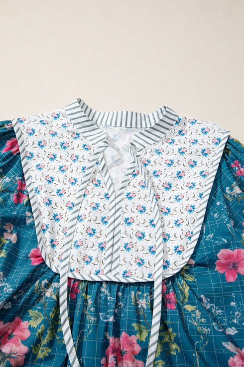 Floral Print Patchwork Contrast Trim Puff Sleeve Cotton Blouse
