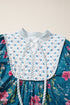 Floral Print Patchwork Contrast Trim Puff Sleeve Cotton Blouse